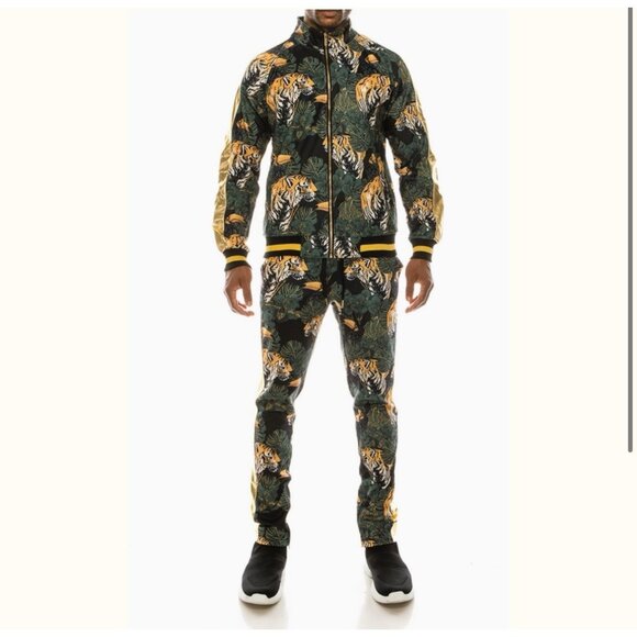 Victorious Mens Green Floral Tiger Track Pants & Jacket Track Suit Set Size 2X - Picture 1 of 16